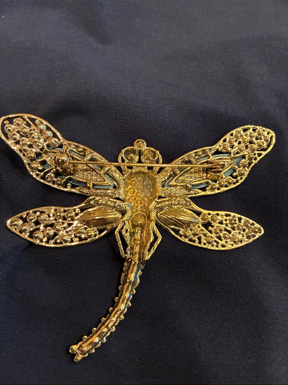 Large Blue Dragonfly Brooch - Rhinestone and Crystal and Gold Tones (ABBA) - Picture 9 of 16